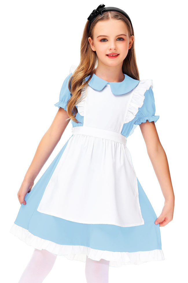 Alice in Wonderland Dresses Girl's Elastic Waist Puff Sleeve Princess Dress Maid Outfit 13-14 Years Light Blue Hover Image