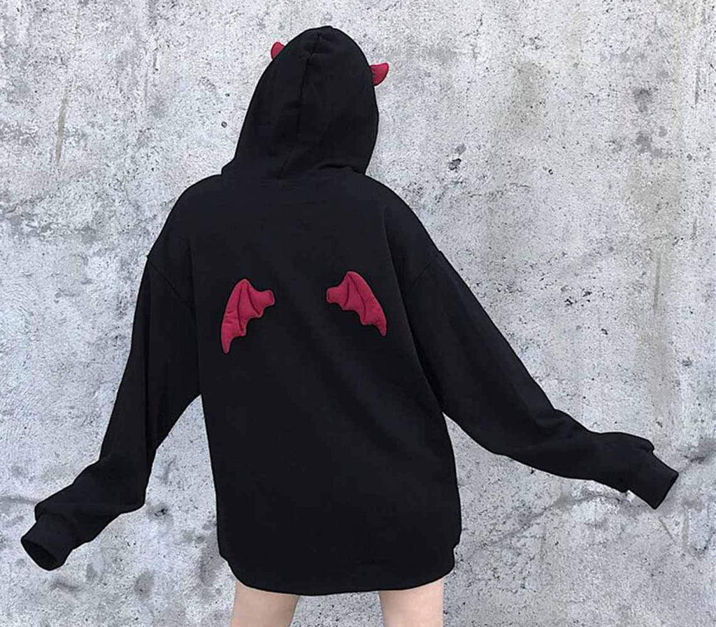 kydely Womens Devil Wings Red Horn Sweatshirt Long Sleeve Hoodie Pullover Hooded Tops, Black, Medium