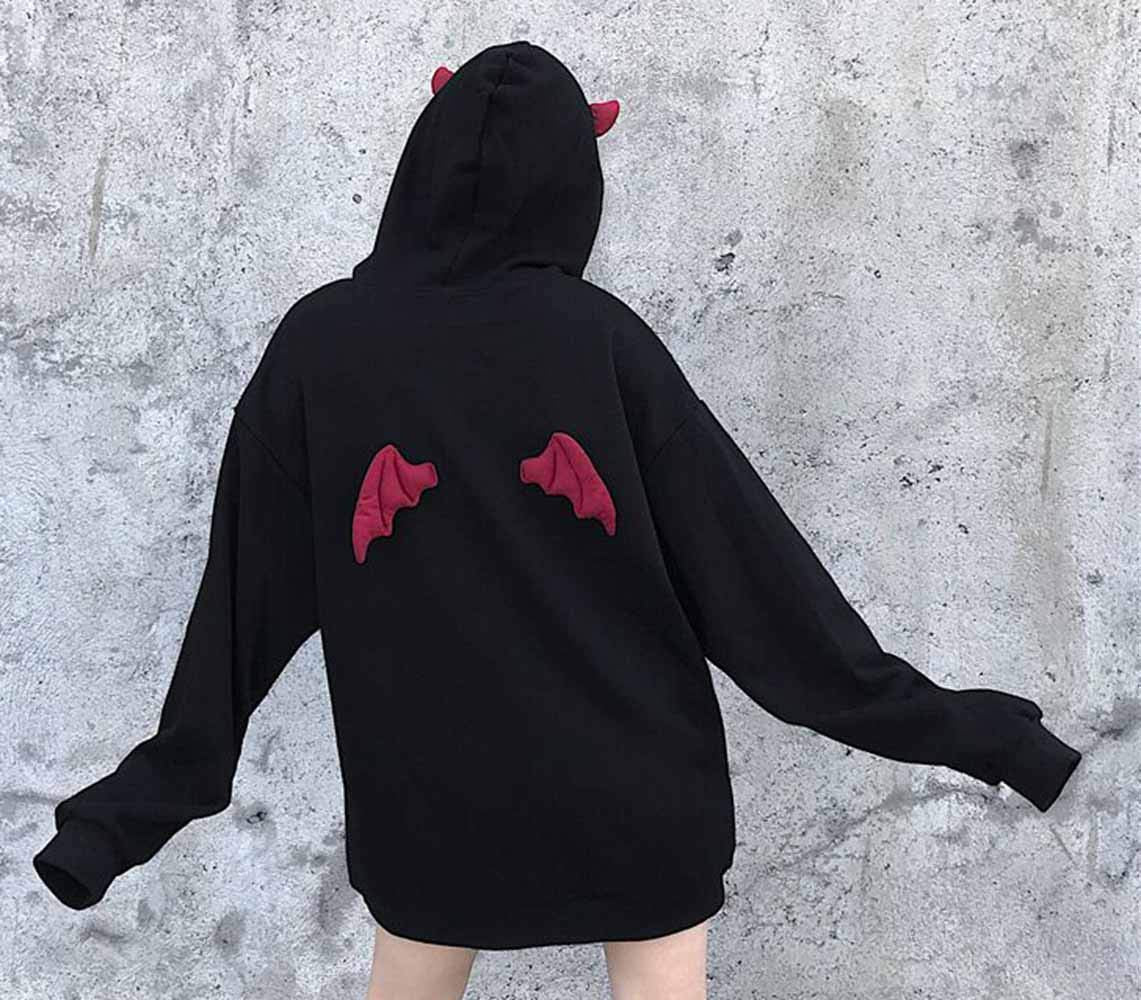 kydely Womens Devil Wings Red Horn Sweatshirt Long Sleeve Hoodie Pullover Hooded Tops, Black, Medium