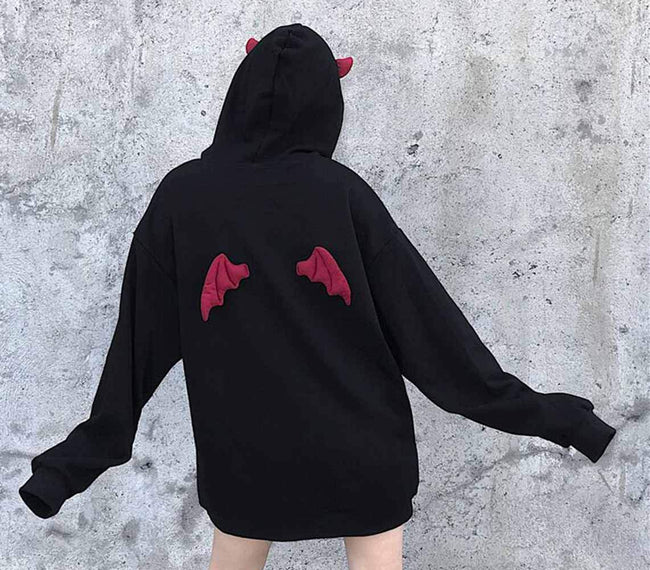kydely Womens Devil Wings Red Horn Sweatshirt Long Sleeve Hoodie Pullover Hooded Tops, Black, Medium Main Image