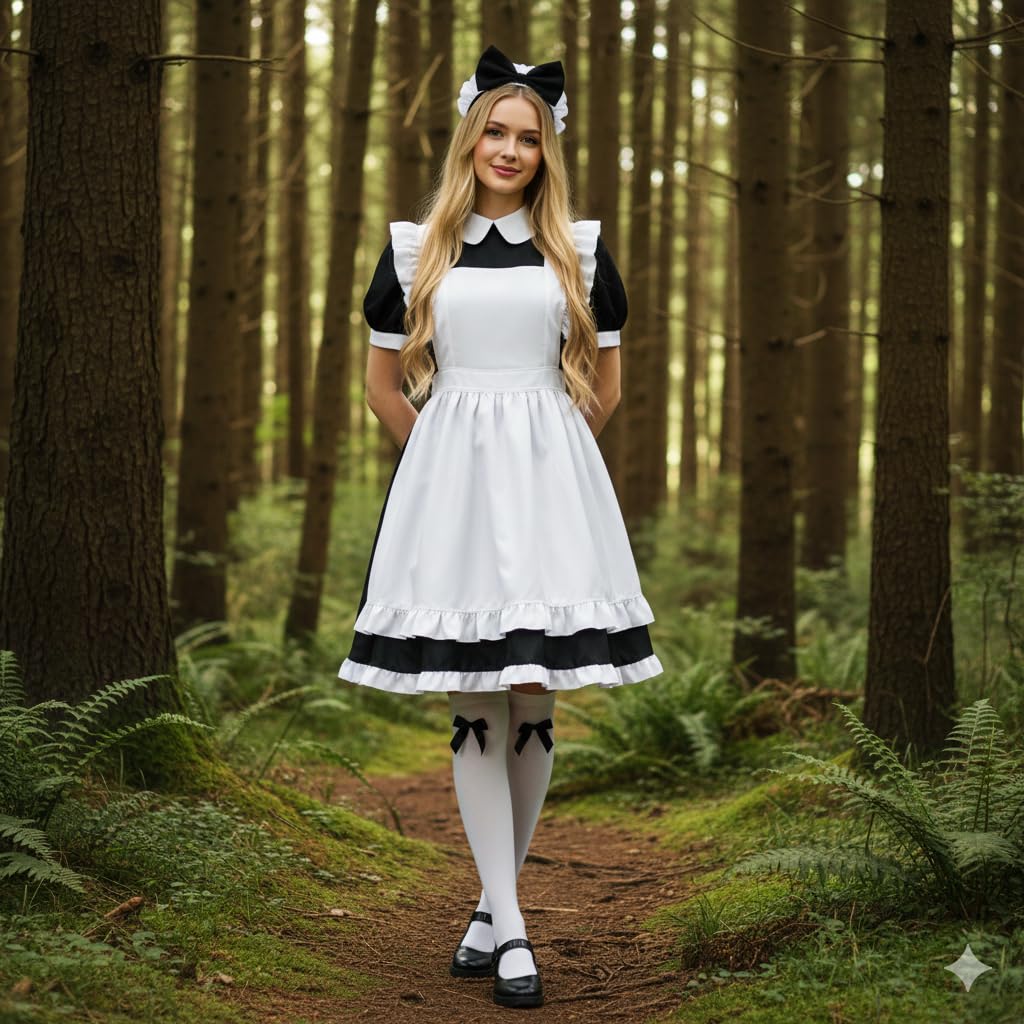 Tvnxdgl Alice Costume Women Wonderland Maid Outfit Anime Lolita Dress Halloween Cosplay Maid Apron Gloves Headband Socks Set 2XL