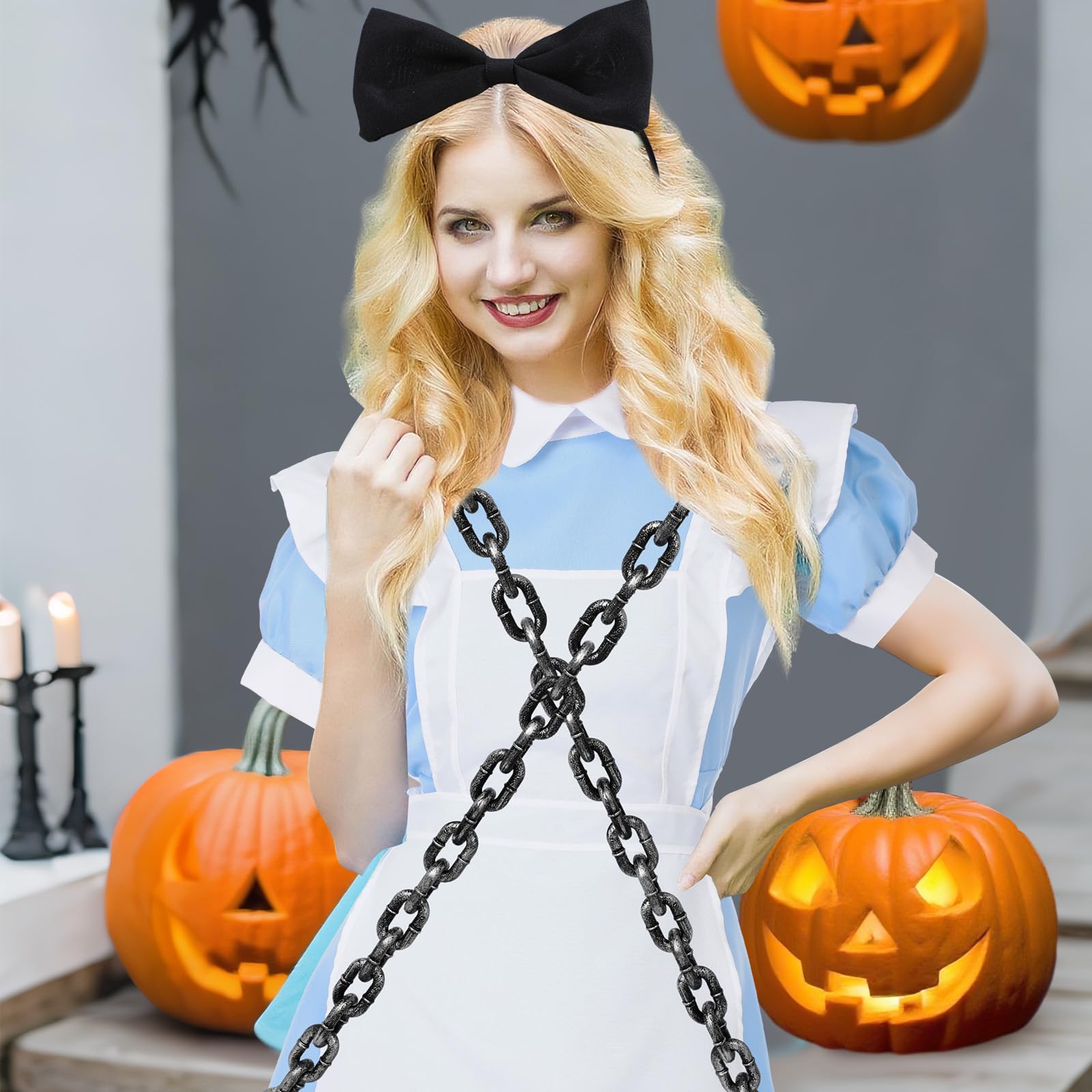 Mepase 5 Pcs Halloween Grunge Band Costume Wonderland in Chains Costume Blue Maid Dress Vintage Chains Set for Women Cosplay(S)