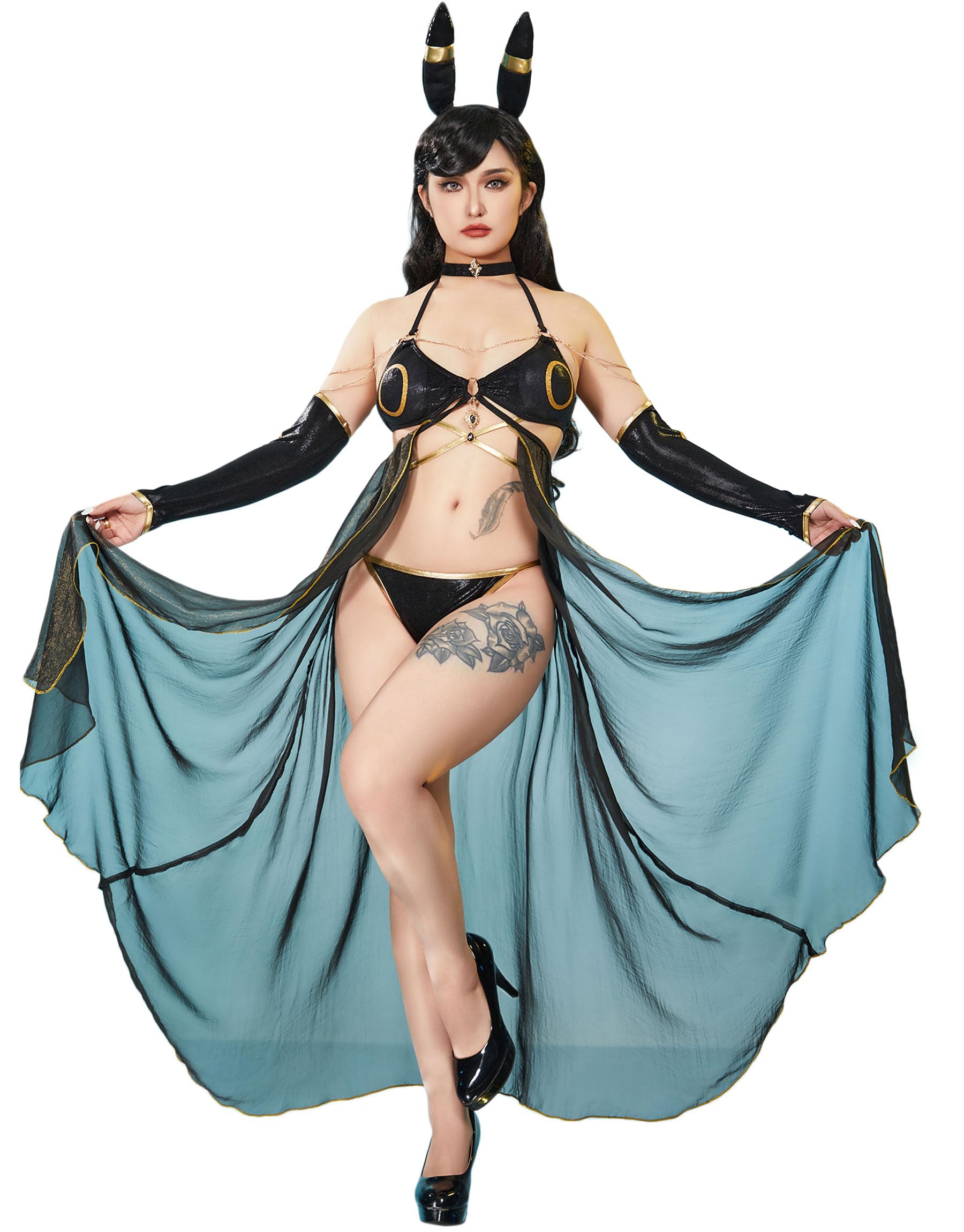 haikyuu Women Cosplay Bikini Set with Cover up Headband Anime Swimsuit Halter Lace Up Swimwear Rave Bathing Suit Black