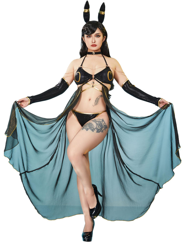 haikyuu Women Cosplay Bikini Set with Cover up Headband Anime Swimsuit Halter Lace Up Swimwear Rave Bathing Suit Black Hover Image