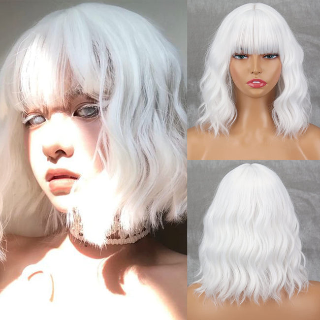 MISSQUEEN Short White Wig with Bangs,Wavy White Bob Wigs for Women Synthetic Wavy Bob Shoulder Length Wigs Natural Looking Heat Resistant Fiber hair Wig for Daily Party Cosplay Use Hover Image