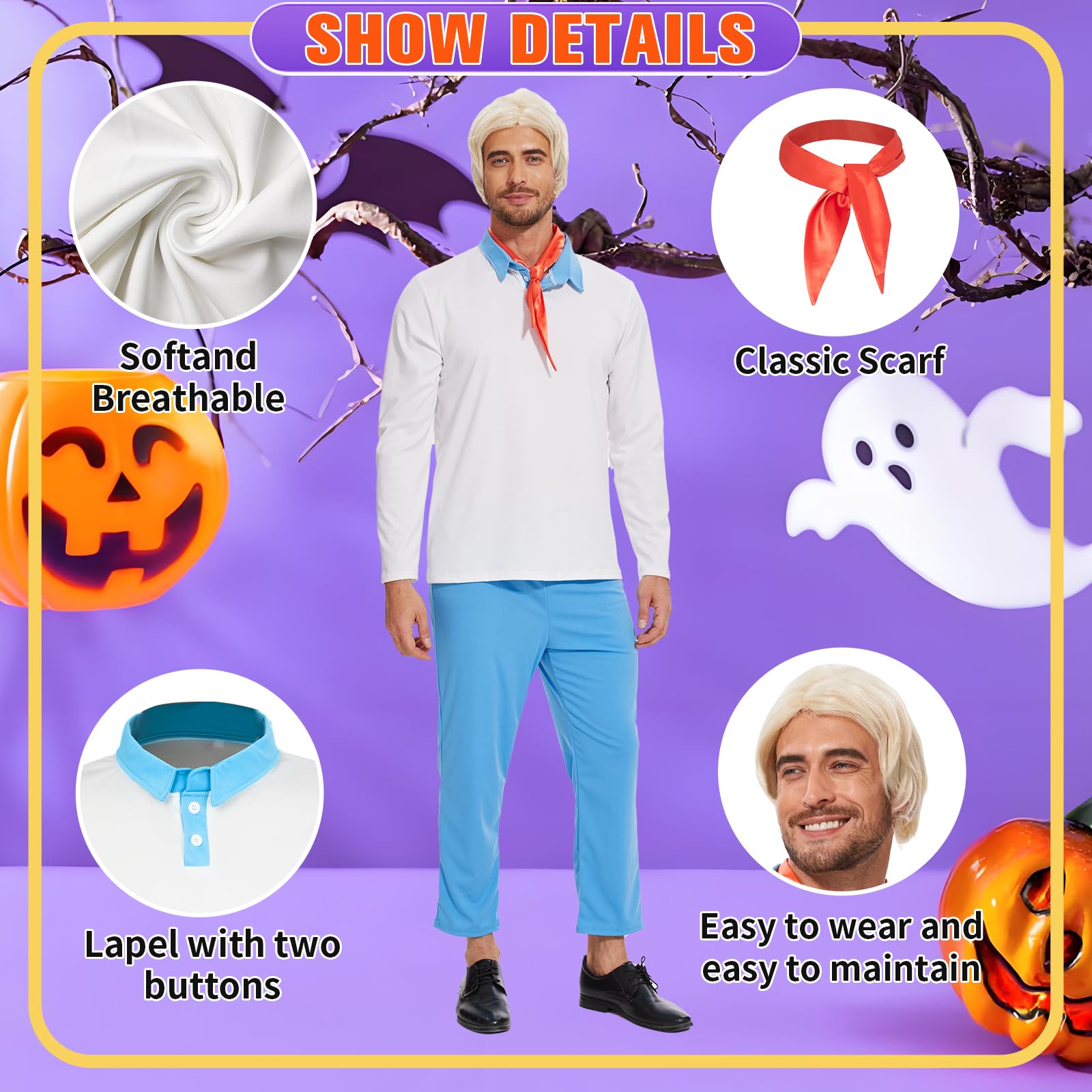 Halloween Adult Costume Tops Men's Cotton Long Sleeve Shirts with Scarf Cosplay Costume (3X-Large)