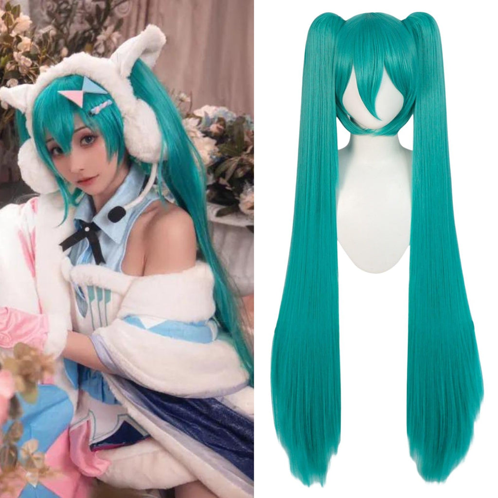 JoneTing 120CM/47inches Green Wigs【+Hair Cap】 Long Greenish Wig with 2 Ponytails for Women Long Straight Green Wigs with Bangs for Cosplay Wig Synthetic Hair for Halloween Christmas Party