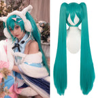 JoneTing 120CM/47inches Green Wigs【+Hair Cap】 Long Greenish Wig with 2 Ponytails for Women Long Straight Green Wigs with Bangs for Cosplay Wig Synthetic Hair for Halloween Christmas Party