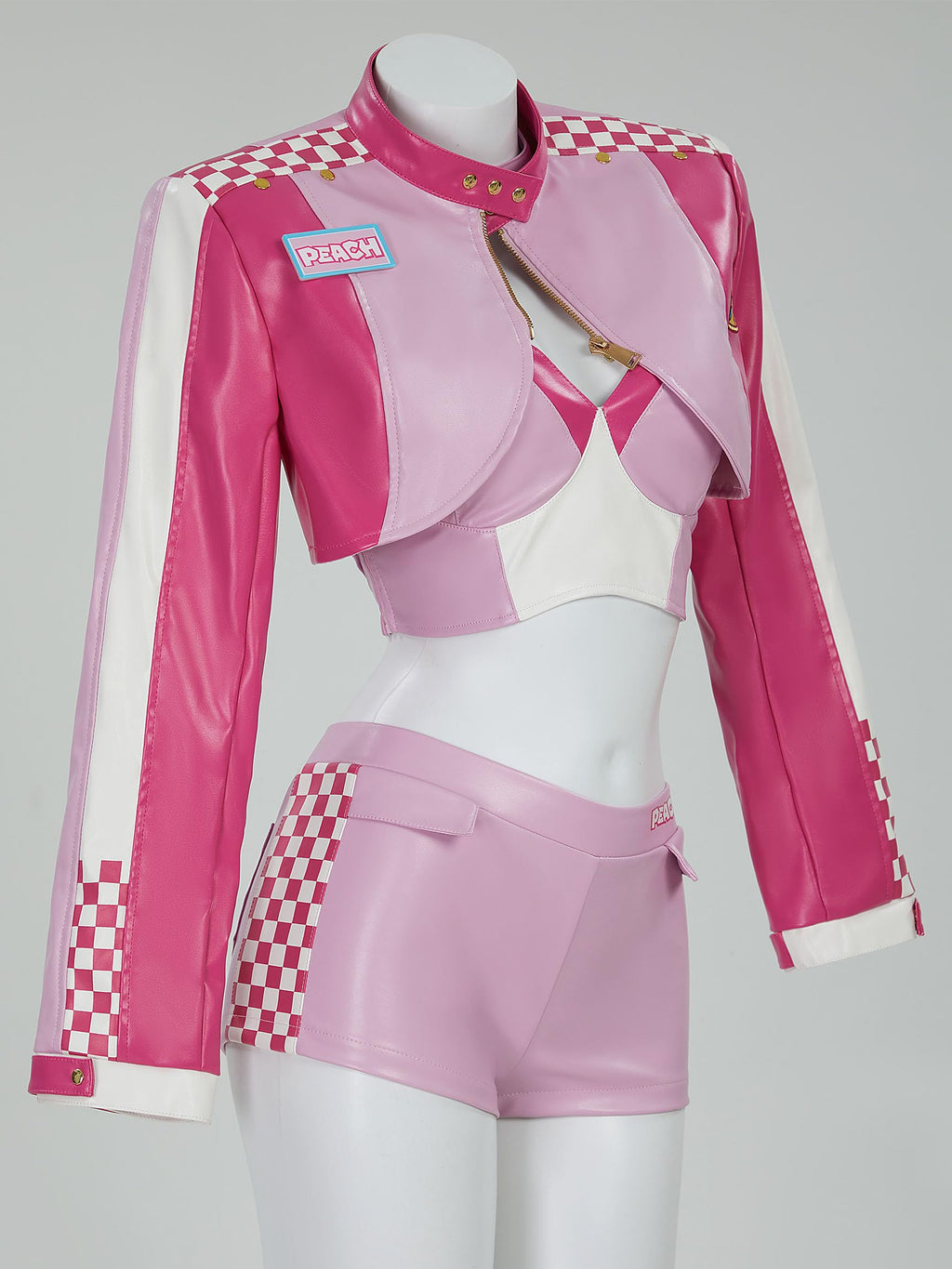 Women's Costume Peach Cosplay Casual Outfit Pink Racing Suit Short Top and Jacket with Shorts Necklace (S)