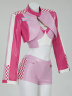 Women's Costume Peach Cosplay Casual Outfit Pink Racing Suit Short Top and Jacket with Shorts Necklace (S)