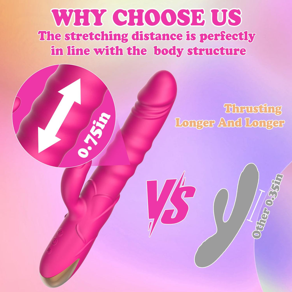 Thrusting Rabbit Vibrator, G Spot Clitoral Vibrator Waterproof & Rechargeable Realistic Silicone Dildo Vibrator with 3 Thrusting & 10 Vibrating Modes, Rose Sex Toys for Women