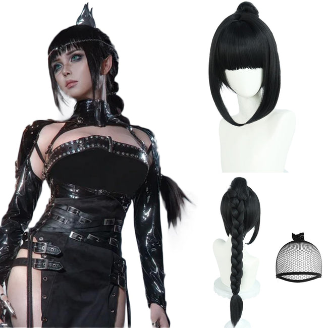 JoneTing Black Braided Wig【+Hair Cap】 Long Black Ponytail Wigs with Braids for Women Shadow Cosplay wig Blacked Ponytail Wig Long Braided Wig BG3 Cosplay Wig for Party Shadow Costume Outfit Halloween Hover Image