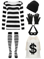 QZYL Halloween Women Robber Costume Set, XXL Women Thief Cosplay Striped Shirt Mask Gloves Beanie Cap Bag for Halloween Thief
