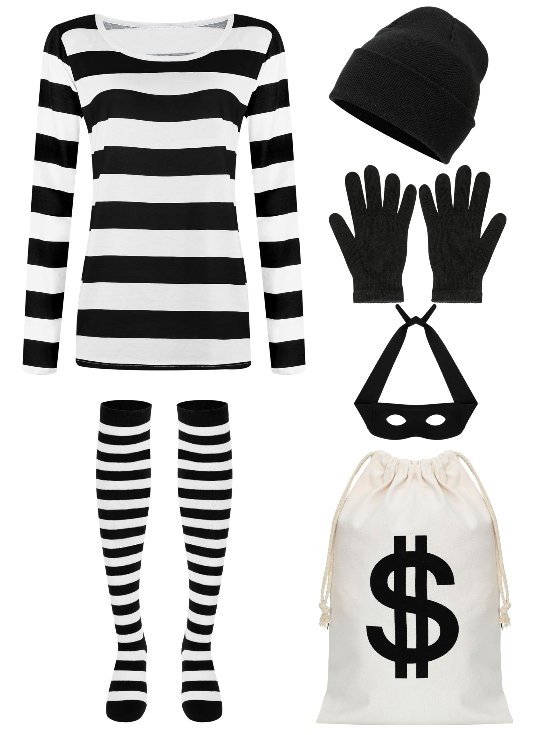 QZYL Halloween Women Robber Costume Set, XXL Women Thief Cosplay Striped Shirt Mask Gloves Beanie Cap Bag for Halloween Thief