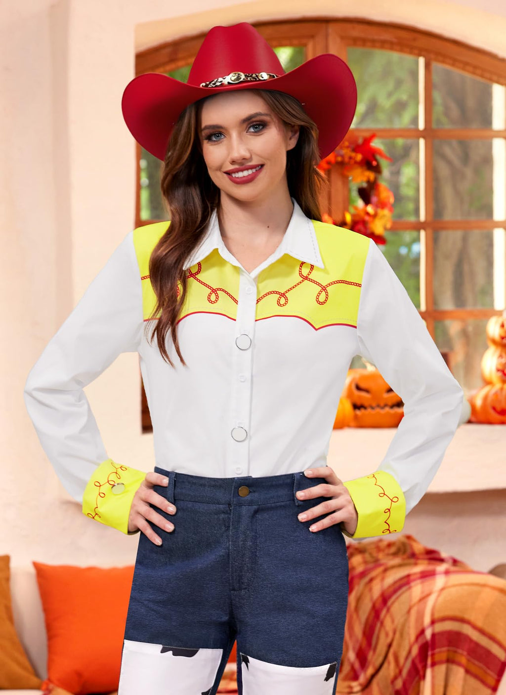Halloween Women Cowgirl Jesie Costume Button Down Shirt Long Sleeve Western Woven Classic Yellow and White Top M