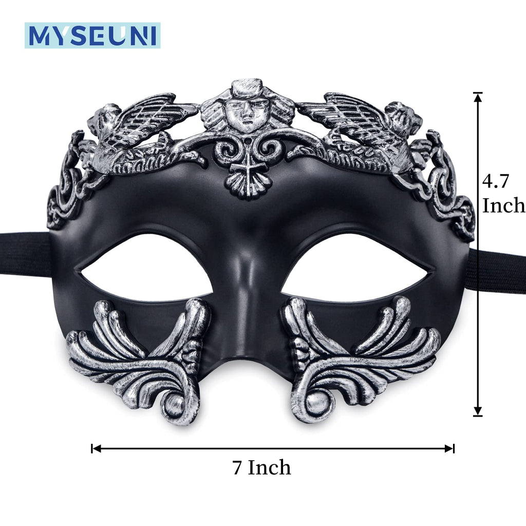 MYSEUNI Silver Masquerade Mask for Men - Greek Roman Venetian Half Face Mask for Mardi Gras Costumes Prom Halloween Masked Ball Cosplay Party