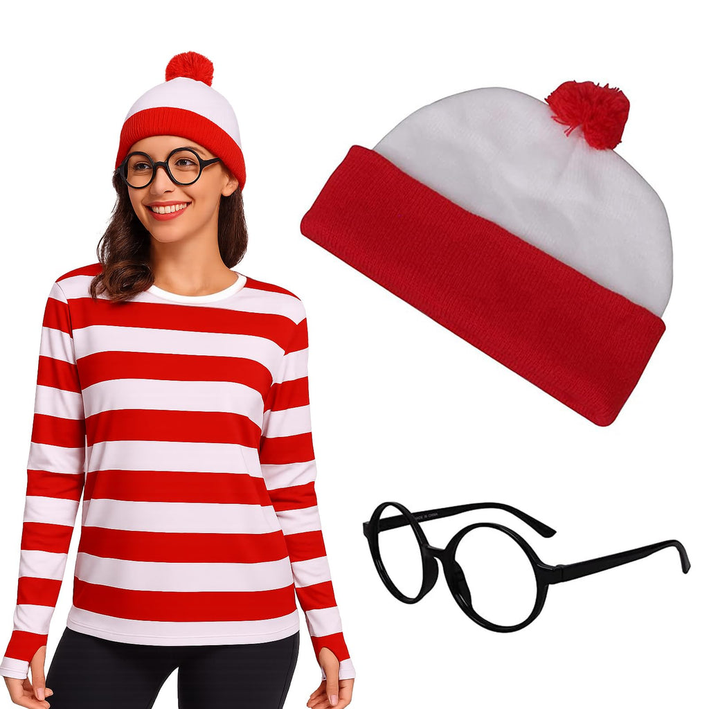 4 Pieces Red and White Striped Shirt and Hat for Women,Adult Halloween Costumes Cosplay Suits with Glasses Outfit Suit Set (Large)