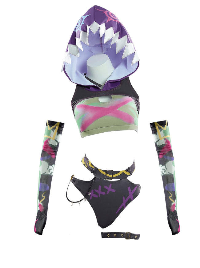 haikyuu Women Gothic Swimsuit Goth Bikini Set Cosplay Bathing Suit Halter with Hood and Sleeves (US, Alpha, X-Large, Regular, Regular, Standard, Multicolored) Hover Image