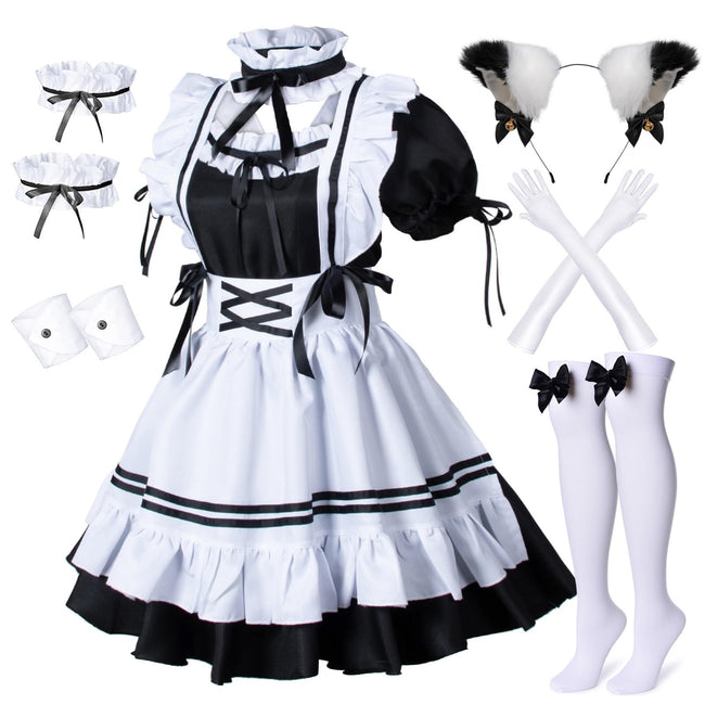 Wannsee Anime French Maid Apron Lolita Fancy Dress Cosplay Costume Furry Cat Ear Gloves Socks set(XL) Hover Image