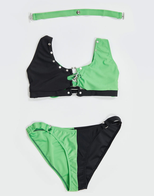 MEOWCOS Black and Green Buckle Decoration Two-Piece Swimsuit Main Image