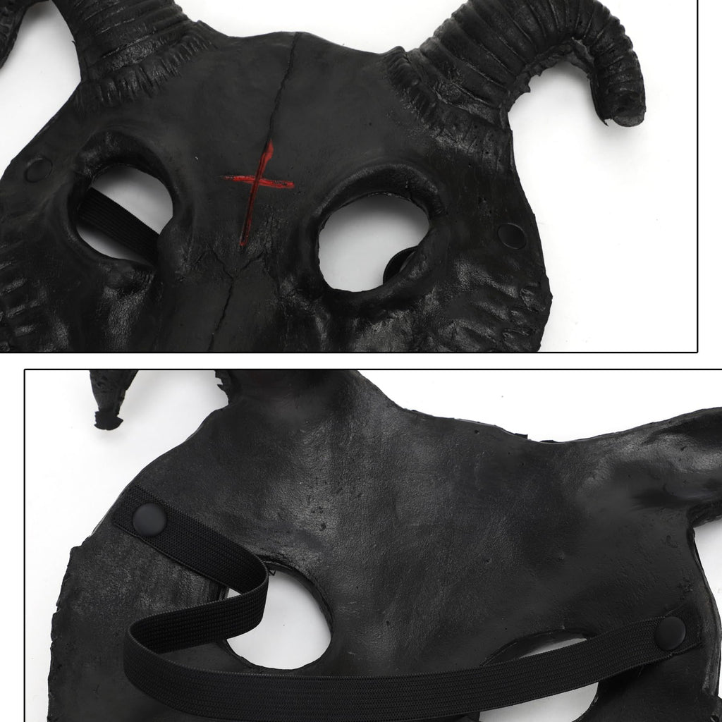 PURFUN Black Goat Head Skull Mask Ram Horns Animal Skull Costume Mask Horror Demon Devil Evil Mask Cosplay Halloween Mardi Gras Full Face Mask Creepy Party Decoration Prop