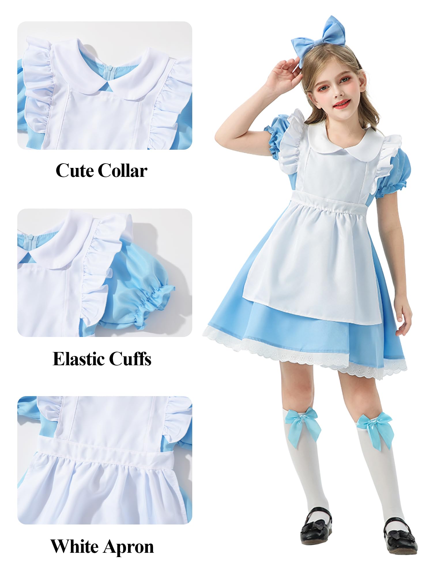 Maid Apron French Dress Set for Kid Girls Colonial Pioneer Dresses Halloween Blue White Pilgrim Maid Outfit with Headband 3Pcs