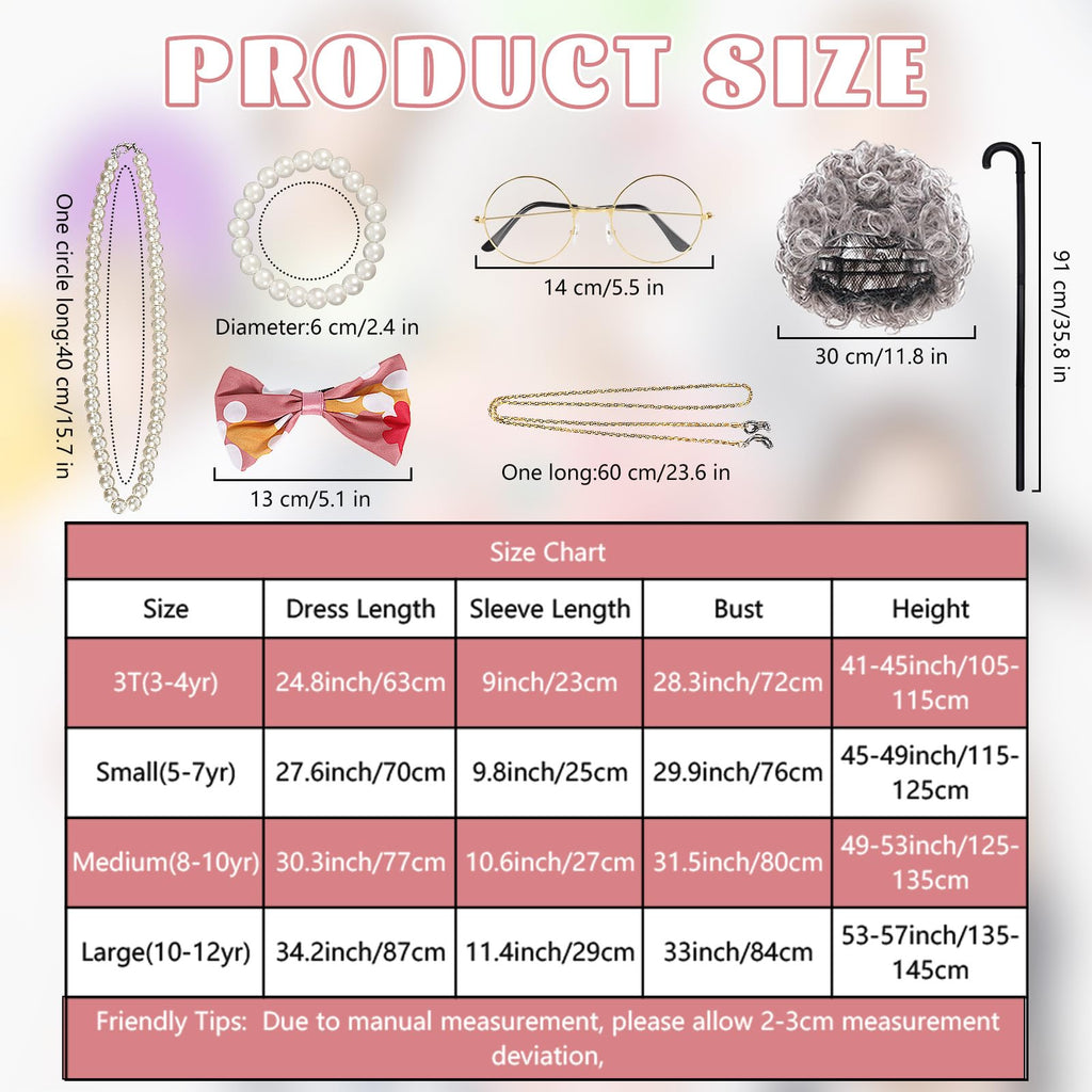 Kids Old Lady Costume for Girls Grandma Wigs Dress Glasses Necklace Granny Outfit 100 Days of School Cosplay Accessories (Medium)