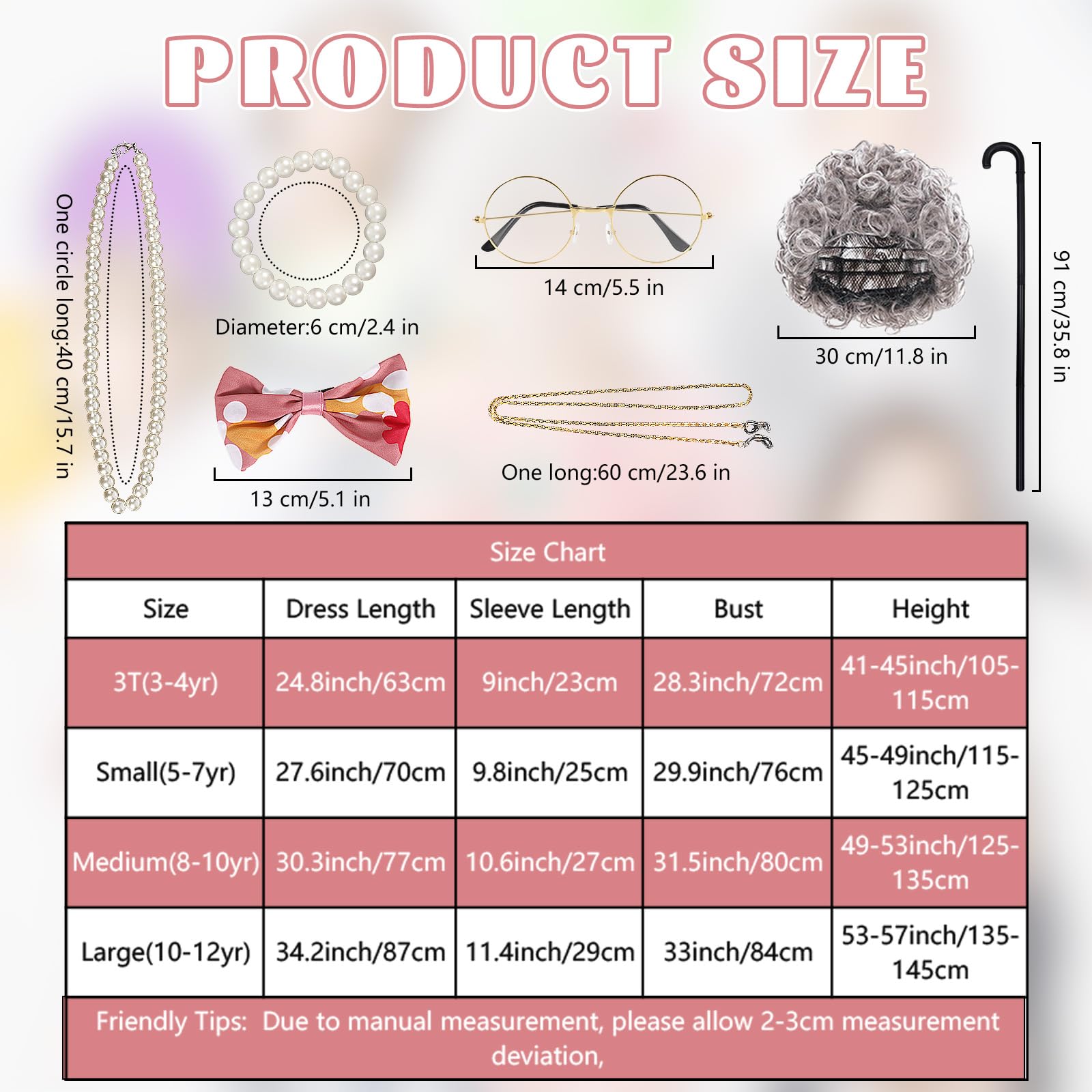 Kids Old Lady Costume for Girls Grandma Wigs Dress Glasses Necklace Granny Outfit 100 Days of School Cosplay Accessories (Medium)