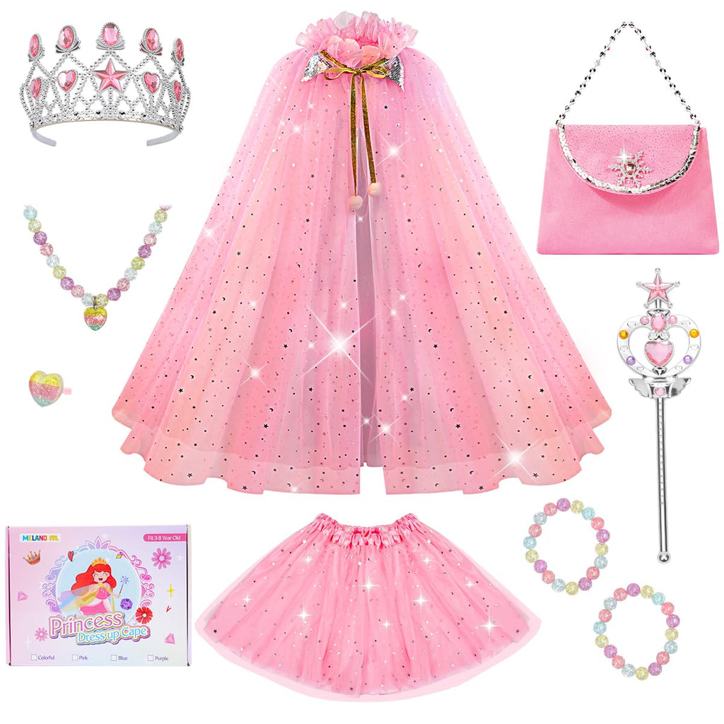 Meland Princess Dress up Clothes for Girl, 11Pcs Princess Cape with Kid Crown Toys,Dresses for Girl 3,4,5,6,7,8 Birthday Gift