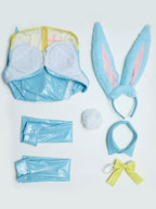 Mobbunny Women's Bunny Costume Easter Bunny Girl Bodysuit Rabbit One-Piece Jumpsuit Lingerie Set with Headband (Blue, small)