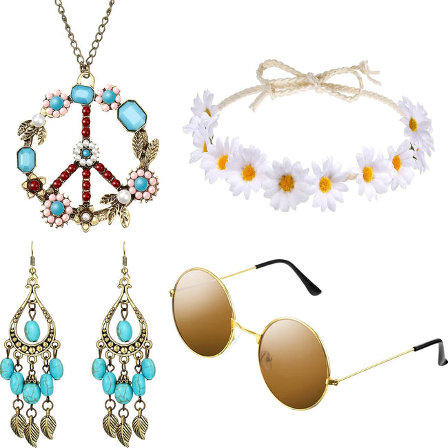 Hicarer Hippie Costume Accessories Include Sunglasses, Peace Sign Necklace, Boho Headband and Earring for 60s 70s Party Hover Image