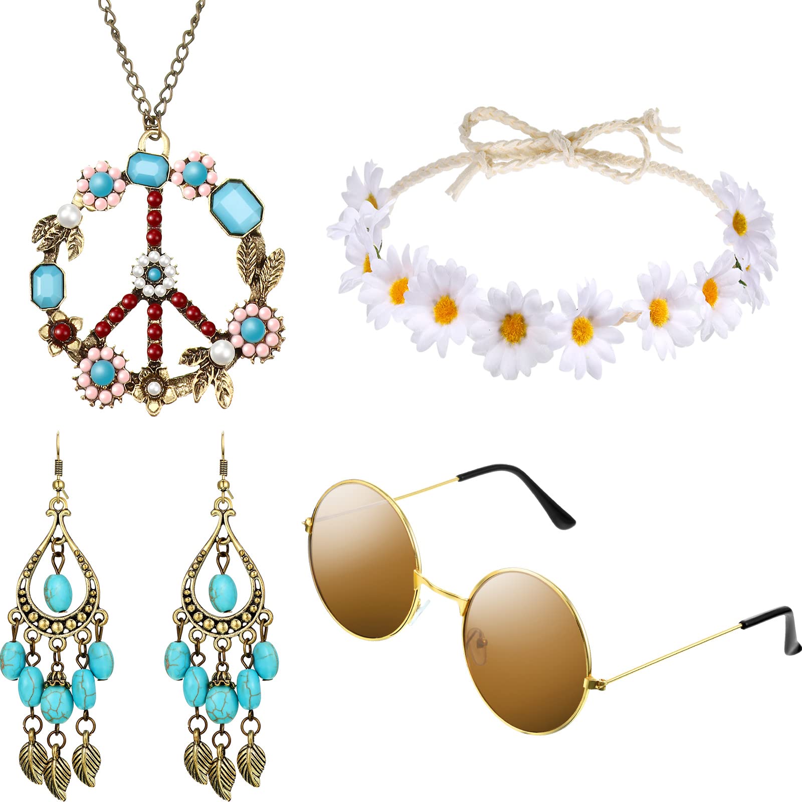 Hicarer Hippie Costume Accessories Include Sunglasses, Peace Sign Necklace, Boho Headband and Earring for 60s 70s Party
