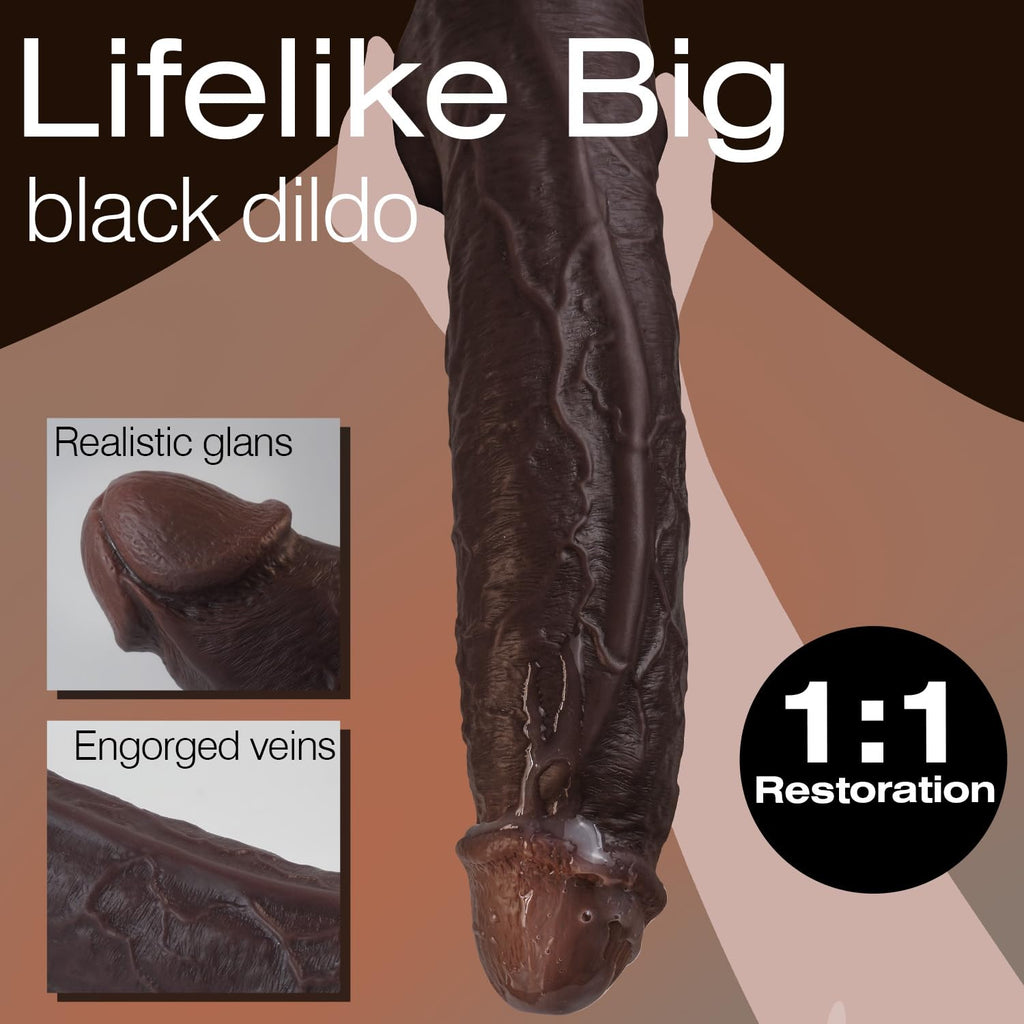 11 Inch Realistic Big Black Dildo Sex Toy, Skin-Like Huge Thick Dildo with Strong Suction Cup for Hands-Free, Lifelike Silicone Sex Toys for Vagina Anal Stimulation