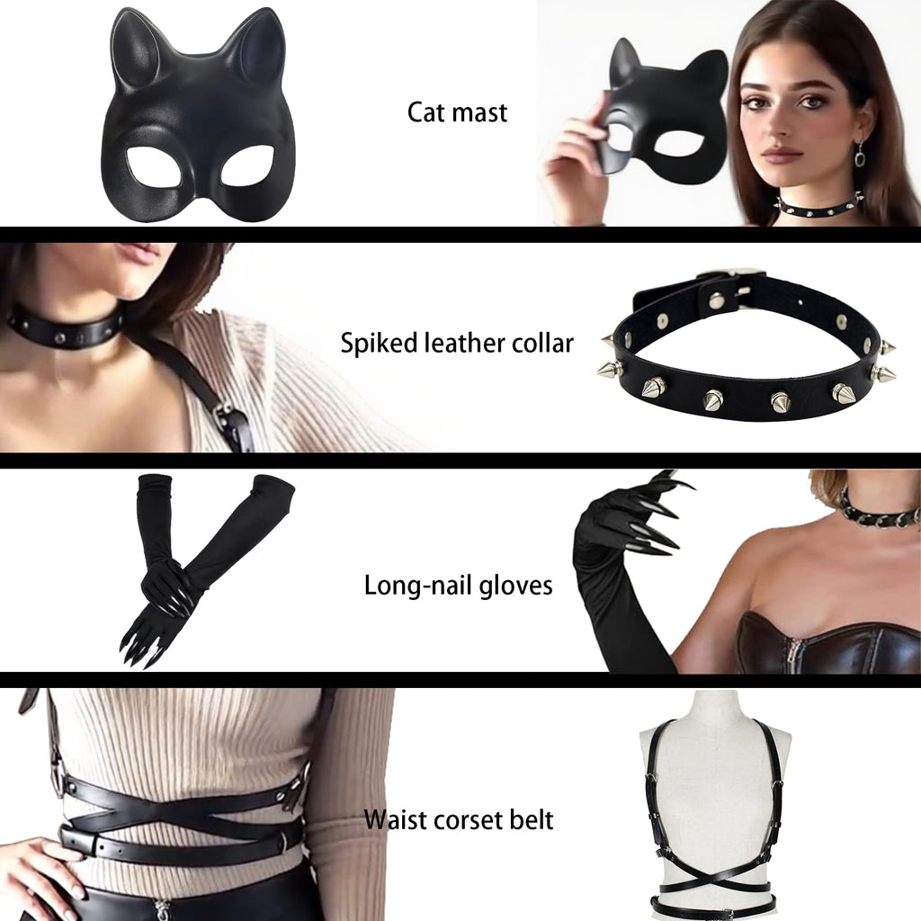 BADALU Cat woman Costume Accessories for Women - Halloween Mask, Gloves, Punk Belt &Necklace Outfit Set gothic clothes for women Masquerade Cat Face Mask for Night Club & Cosplay