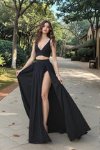 Women Sexy 2 Piece Outfits Dress Chiffon Strap Deep V Neck Bra Crop Top High Split Maxi Dresses Skirt Set Black XL