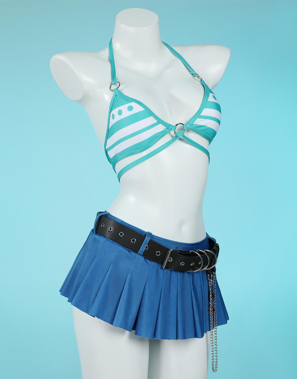 haikyuu Women Cosplay Swimsuit with Wrap Skirt Anime Two Piece Bathing Suit Halter Rave Swimwear Blue