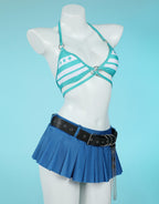 haikyuu Women Cosplay Swimsuit with Wrap Skirt Anime Two Piece Bathing Suit Halter Rave Swimwear Blue