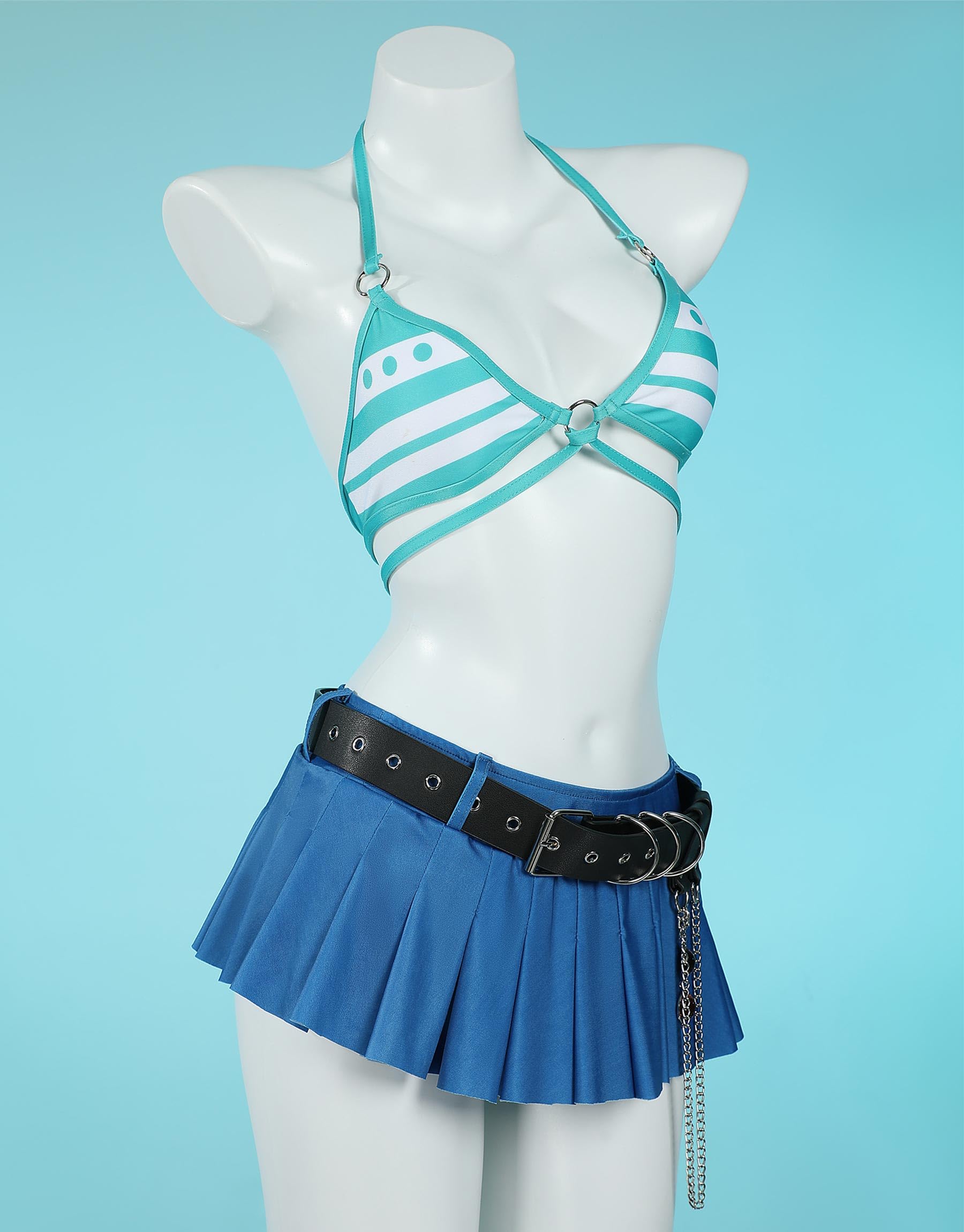 haikyuu Women Cosplay Swimsuit with Wrap Skirt Anime Two Piece Bathing Suit Halter Rave Swimwear Blue