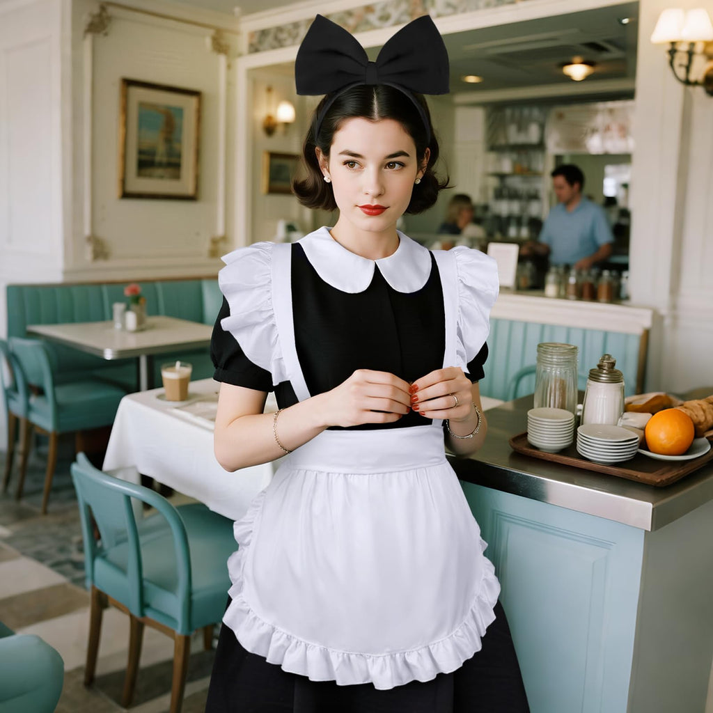 Cardkiss White Apron for Women Maid Apron with Bow Headband Set for Halloween Theme Party