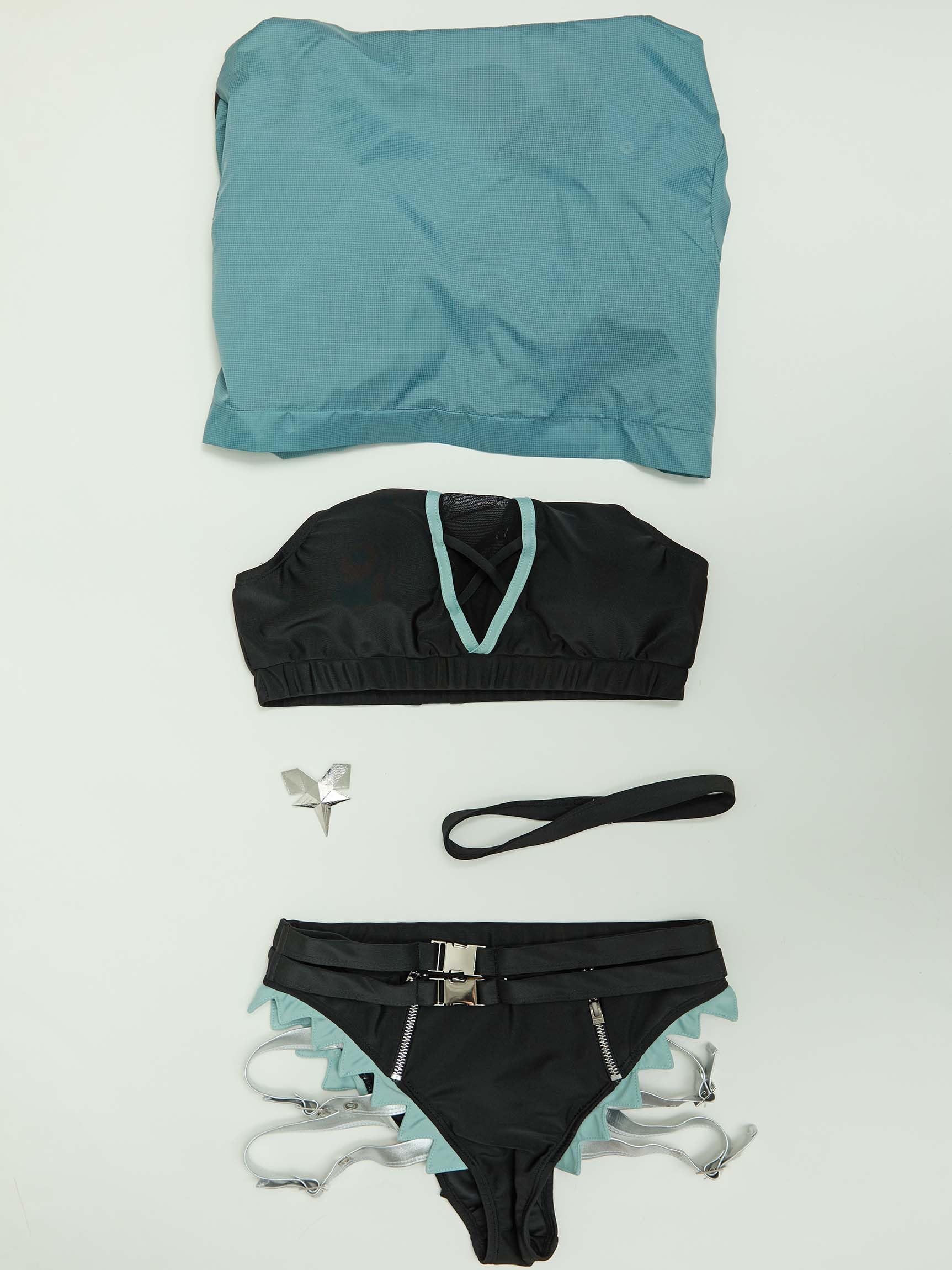 haikyuu Women Jane Cosplay Two Piece Swimsuit with Chiffon Cover-up Bikini Set Mesh Cutout (US, Alpha, Medium, Regular, Regular, Standard, Black)