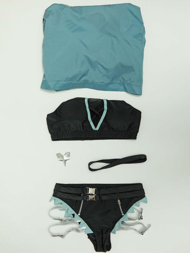 haikyuu Women Jane Cosplay Two Piece Swimsuit with Chiffon Cover-up Bikini Set Mesh Cutout (US, Alpha, Medium, Regular, Regular, Standard, Black) Main Image