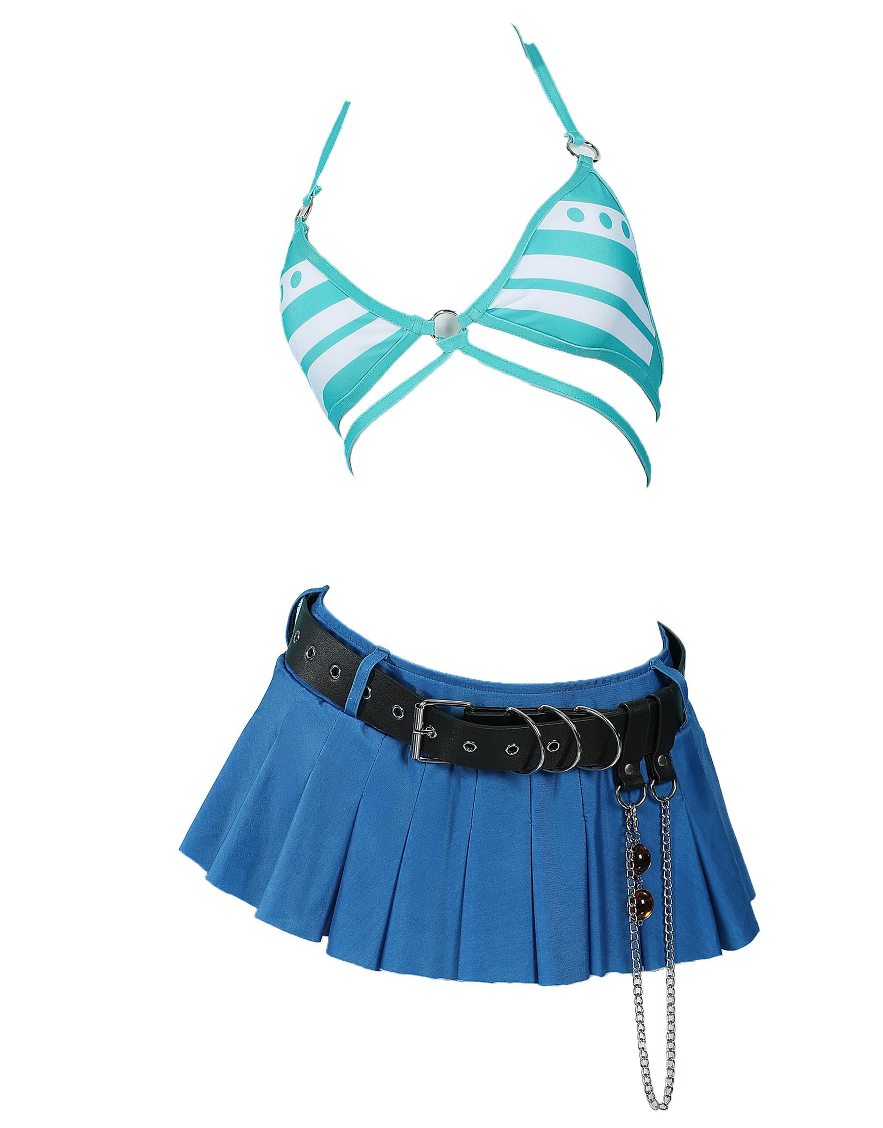 haikyuu Women Cosplay Swimsuit with Wrap Skirt Anime Two Piece Bathing Suit Halter Rave Swimwear Blue