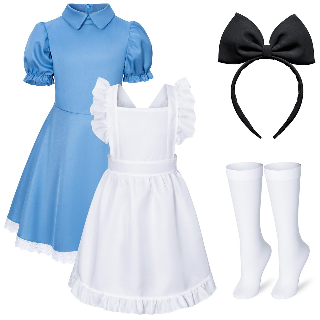Irtysh Girl Blue Dress White Apron Halloween Cosplay Costume With Bow Hair Band Stockings Set(140)