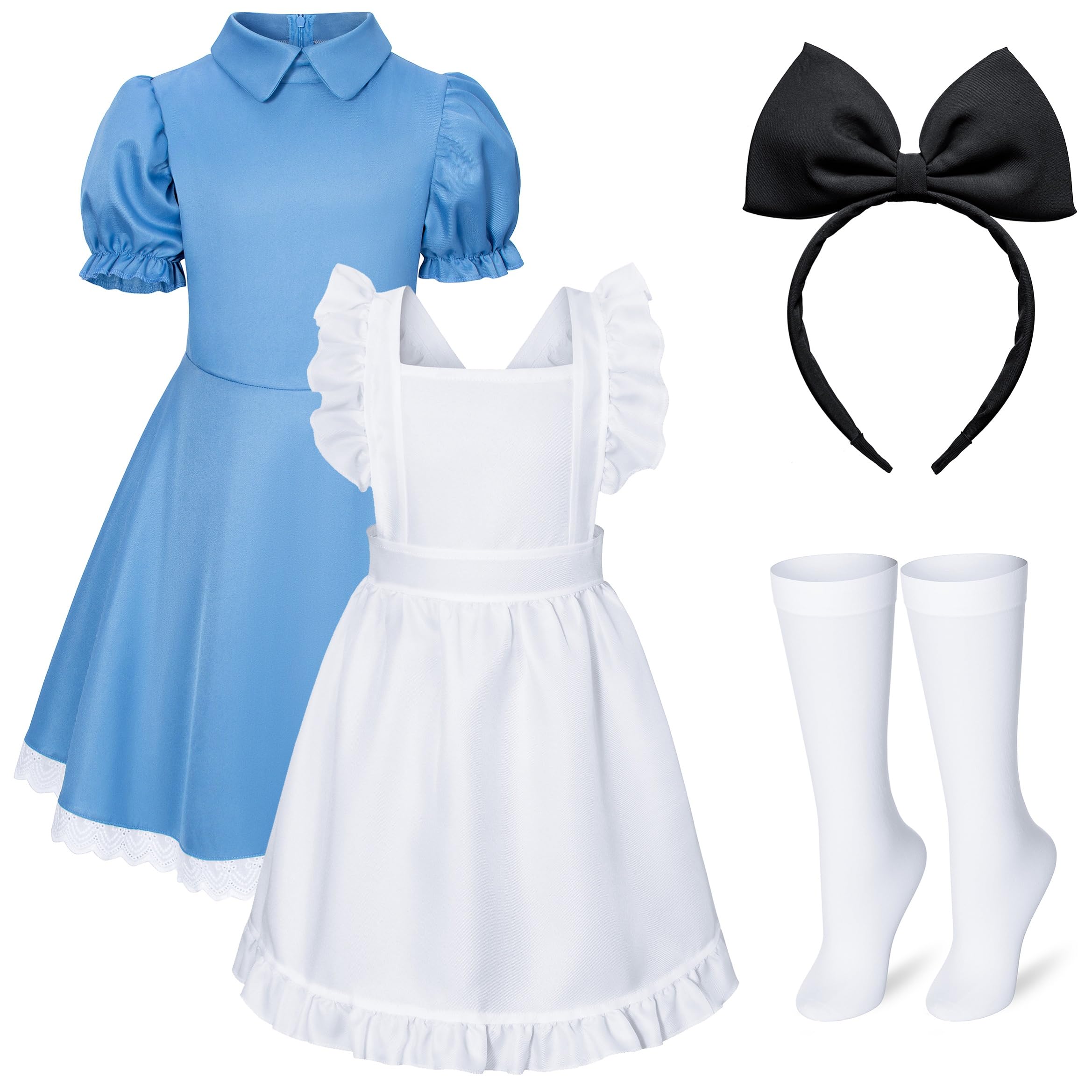 Irtysh Girl Blue Dress White Apron Halloween Cosplay Costume With Bow Hair Band Stockings Set(140)