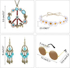 Hicarer Hippie Costume Accessories Include Sunglasses, Peace Sign Necklace, Boho Headband and Earring for 60s 70s Party