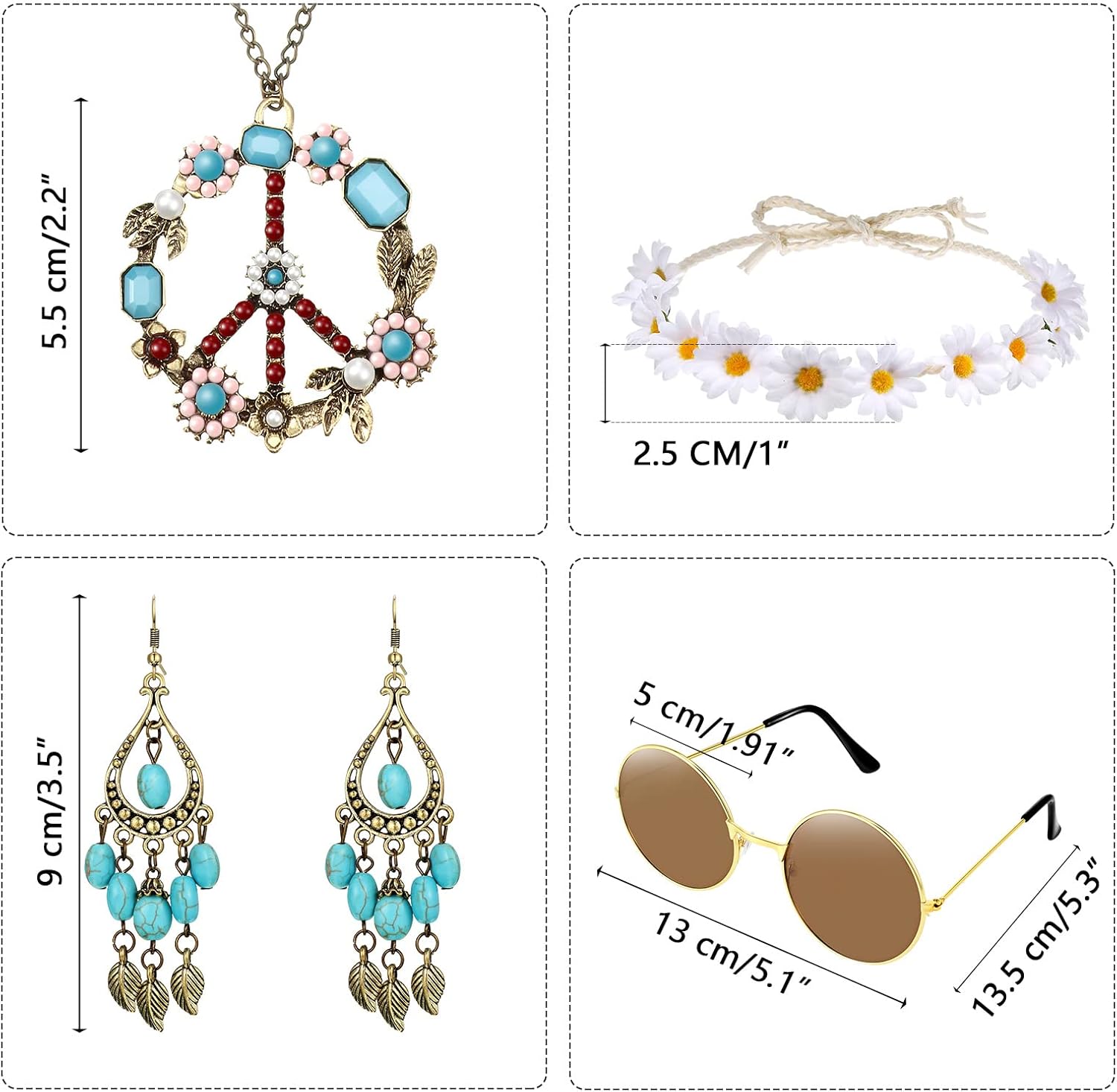 Hicarer Hippie Costume Accessories Include Sunglasses, Peace Sign Necklace, Boho Headband and Earring for 60s 70s Party
