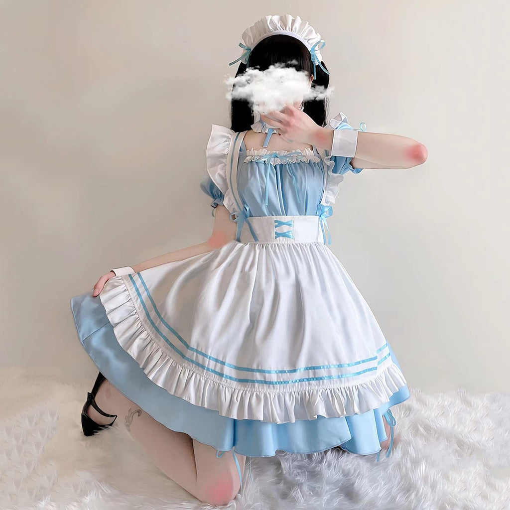 LISANEK Maid Outfit Anime Cosplay Lolita Dress French Maid Costume Plush cat ear Socks set (Blue, XL)