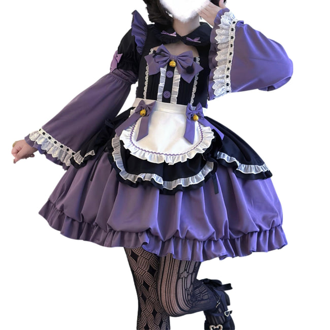Cuteighteen Women Lolita Princess Dress Kawaii Bow Decor Apron Maid Outfit Fancy Anime Party Cosplay Costume (Black Purple, Medium) Hover Image
