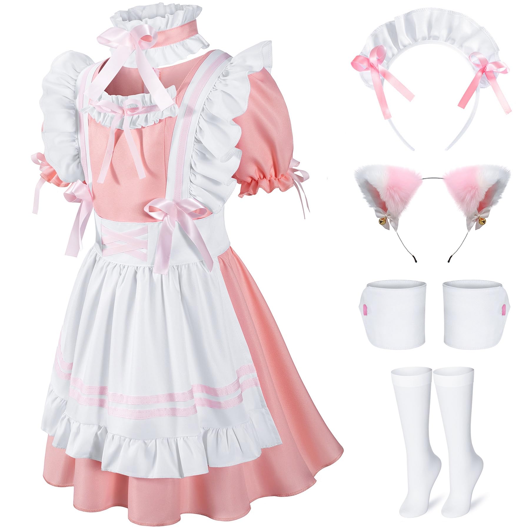 Kids French Maid Costume Maid Apron Fancy Dress Halloween Outfit Cosplay Costume Accessories Set(PK 150) Pink