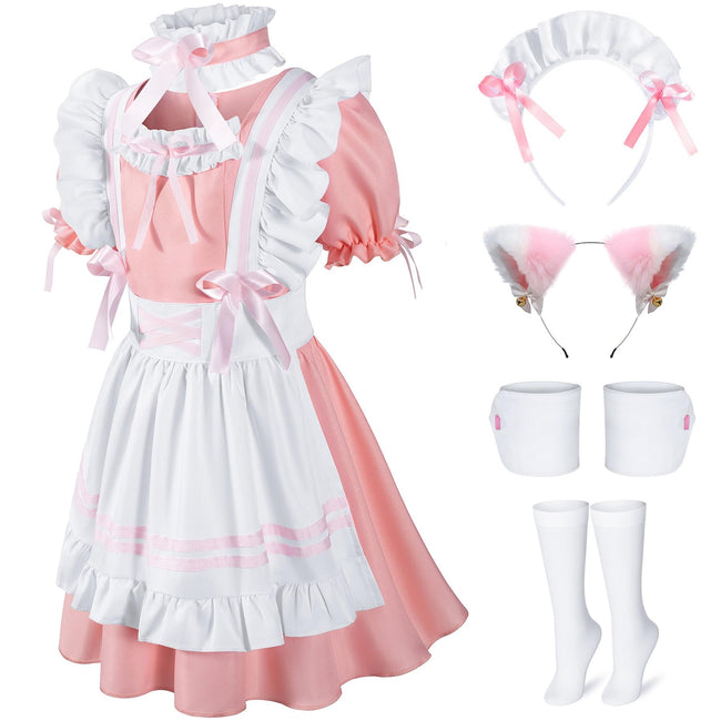Kids French Maid Costume Maid Apron Fancy Dress Halloween Outfit Cosplay Costume Accessories Set(PK 150) Pink Hover Image